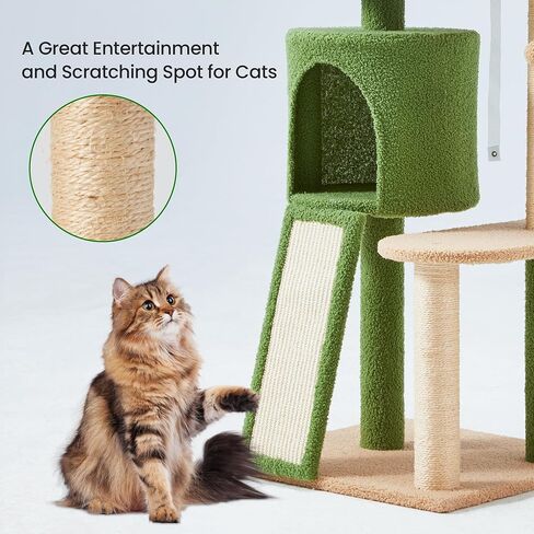 Erinnyees 57" Multi-Level Cat Tower with Hammock, Coconut Cat Tree with Green Leaves, Plush Cat House with Hang Ball Toy and Sisal Scratching Posts Furniture, Green in Kuwait