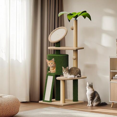Erinnyees 57" Multi-Level Cat Tower with Hammock, Coconut Cat Tree with Green Leaves, Plush Cat House with Hang Ball Toy and Sisal Scratching Posts Furniture, Green in Kuwait