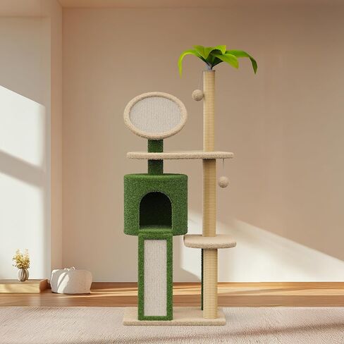 Erinnyees 57" Multi-Level Cat Tower with Hammock, Coconut Cat Tree with Green Leaves, Plush Cat House with Hang Ball Toy and Sisal Scratching Posts Furniture, Green in Kuwait