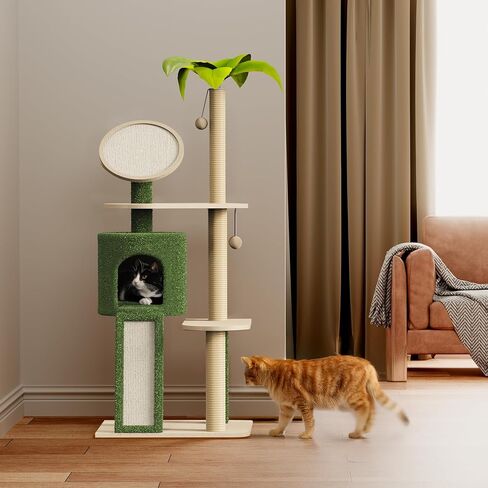 Erinnyees 57" Multi-Level Cat Tower with Hammock, Coconut Cat Tree with Green Leaves, Plush Cat House with Hang Ball Toy and Sisal Scratching Posts Furniture, Green in Kuwait