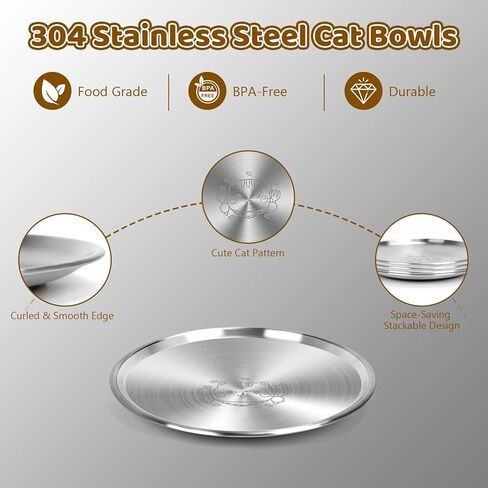 Stainless Steel Cat Bowls, 4 Pack 6.7" 13oz Shallow Cat Food Bowl, Whisker Friendly Cat Plates with Non-Slip Silicone Bottom, Cute Wide Flat Bowl Cat Kitten Small Dog Metal Dishes for Indoor Feeding in Kuwait