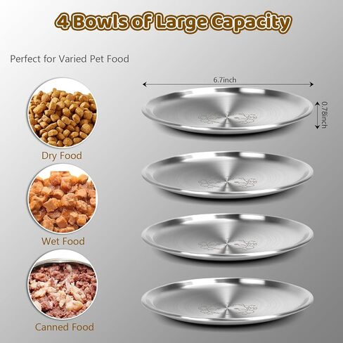 Stainless Steel Cat Bowls, 4 Pack 6.7" 13oz Shallow Cat Food Bowl, Whisker Friendly Cat Plates with Non-Slip Silicone Bottom, Cute Wide Flat Bowl Cat Kitten Small Dog Metal Dishes for Indoor Feeding in Kuwait