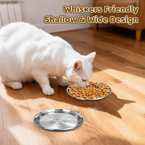 Stainless Steel Cat Bowls, 4 Pack 6.7" 13oz Shallow Cat Food Bowl, Whisker Friendly Cat Plates with Non-Slip Silicone Bottom, Cute Wide Flat Bowl Cat Kitten Small Dog Metal Dishes for Indoor Feeding in Kuwait