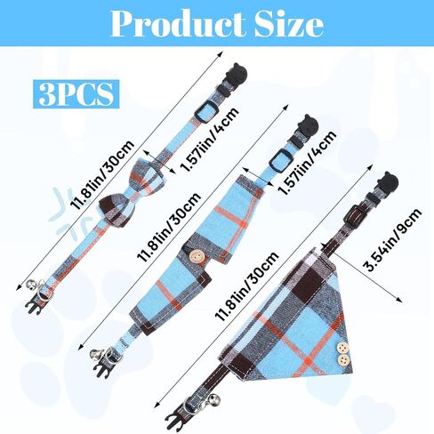 QFGasre Mini Cat Collar Set with Bow Tie and Bandana, 2 Pcs Cute Cat Collar Breakaway with Bells Blue Plaid Cats Collar-Bandana Adjustable Pet Bowtie Bandana with Safety Buckle for Small Cats, Blue in Kuwait