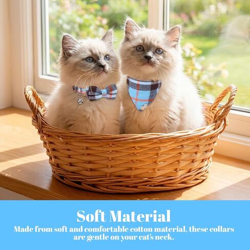 QFGasre Mini Cat Collar Set with Bow Tie and Bandana, 2 Pcs Cute Cat Collar Breakaway with Bells Blue Plaid Cats Collar-Bandana Adjustable Pet Bowtie Bandana with Safety Buckle for Small Cats, Blue in Kuwait