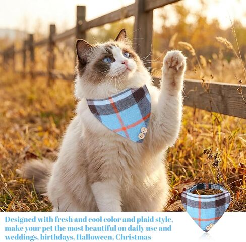 QFGasre Mini Cat Collar Set with Bow Tie and Bandana, 2 Pcs Cute Cat Collar Breakaway with Bells Blue Plaid Cats Collar-Bandana Adjustable Pet Bowtie Bandana with Safety Buckle for Small Cats, Blue in Kuwait