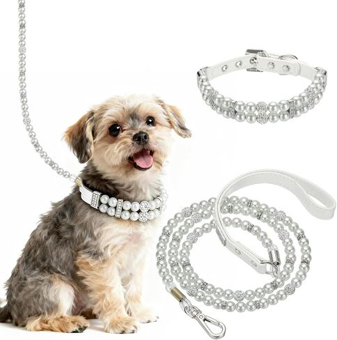 Pearl Dog Collar, Bling Pearl Cat Collar with Leash Fancy Crystal Rhinestone Luxury Beaded Cute Wedding Necklace, (White, L), Intended for Teacup/Puppies/Kitten/Small Pet in Kuwait