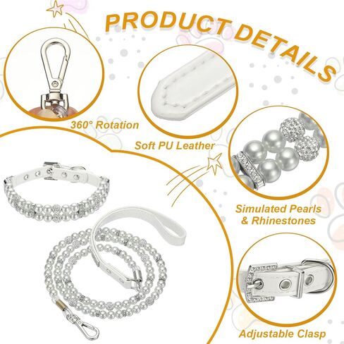 Pearl Dog Collar, Bling Pearl Cat Collar with Leash Fancy Crystal Rhinestone Luxury Beaded Cute Wedding Necklace, (White, L), Intended for Teacup/Puppies/Kitten/Small Pet in Kuwait