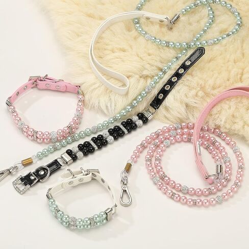 Pearl Dog Collar, Bling Pearl Cat Collar with Leash Fancy Crystal Rhinestone Luxury Beaded Cute Wedding Necklace, (White, L), Intended for Teacup/Puppies/Kitten/Small Pet in Kuwait