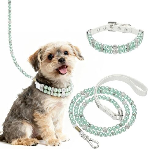 Pearl Dog Collar, Bling Pearl Cat Collar with Leash Fancy Crystal Rhinestone Luxury Beaded Cute Wedding Necklace, (White, L), Intended for Teacup/Puppies/Kitten/Small Pet in Kuwait
