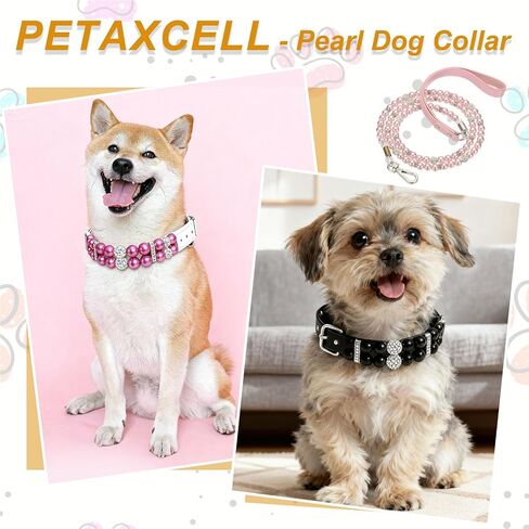 Pearl Dog Collar, Bling Pearl Cat Collar with Leash Fancy Crystal Rhinestone Luxury Beaded Cute Wedding Necklace, (White, L), Intended for Teacup/Puppies/Kitten/Small Pet in Kuwait