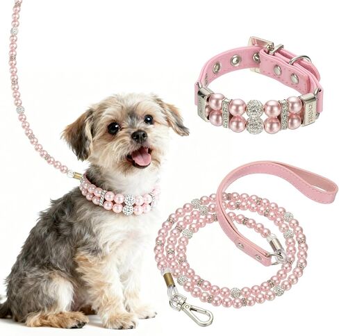 Pearl Dog Collar, Bling Pearl Cat Collar with Leash Fancy Crystal Rhinestone Luxury Beaded Cute Wedding Necklace, (White, L), Intended for Teacup/Puppies/Kitten/Small Pet in Kuwait