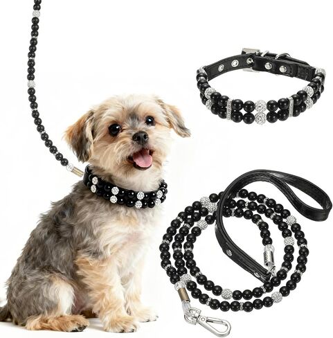 Pearl Dog Collar, Bling Pearl Cat Collar with Leash Fancy Crystal Rhinestone Luxury Beaded Cute Wedding Necklace, (White, L), Intended for Teacup/Puppies/Kitten/Small Pet in Kuwait