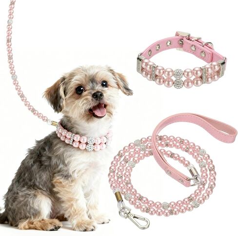 Pearl Dog Collar, Bling Pearl Cat Collar with Leash Fancy Crystal Rhinestone Luxury Beaded Cute Wedding Necklace, (White, L), Intended for Teacup/Puppies/Kitten/Small Pet in Kuwait