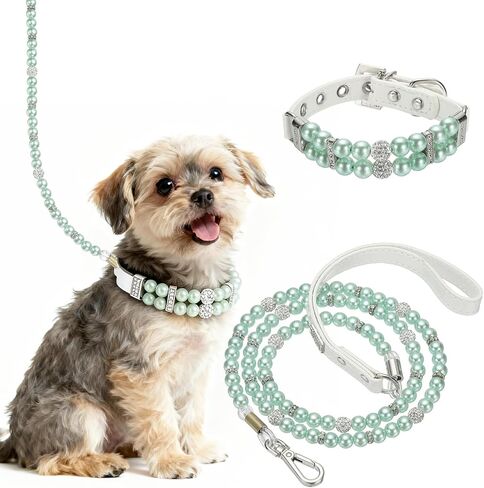 Pearl Dog Collar, Bling Pearl Cat Collar with Leash Fancy Crystal Rhinestone Luxury Beaded Cute Wedding Necklace, (White, L), Intended for Teacup/Puppies/Kitten/Small Pet in Kuwait