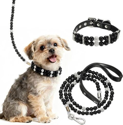 Pearl Dog Collar, Bling Pearl Cat Collar with Leash Fancy Crystal Rhinestone Luxury Beaded Cute Wedding Necklace, (White, L), Intended for Teacup/Puppies/Kitten/Small Pet in Kuwait