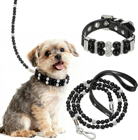 Pearl Dog Collar, Bling Pearl Cat Collar with Leash Fancy Crystal Rhinestone Luxury Beaded Cute Wedding Necklace, (White, L), Intended for Teacup/Puppies/Kitten/Small Pet in Kuwait