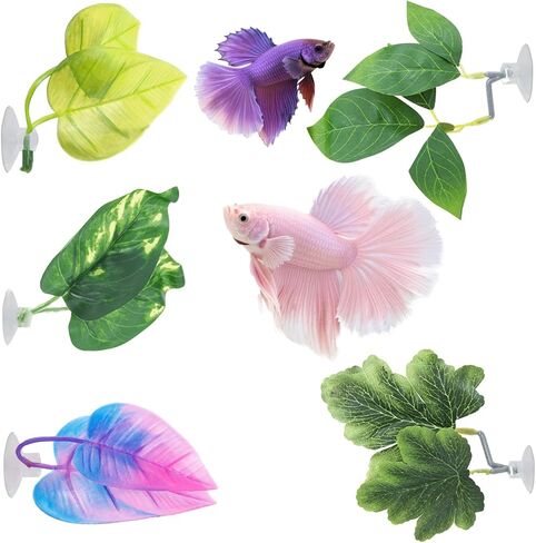 5 PCS Betta Fish Leaf Pad, Betta Bed Leaf Hammock, Realistic Fish Tank Decorations with Suction Cup for Sleeping Resting Hiding Playing Breeding, Colorful Design Natural Habitat in Kuwait