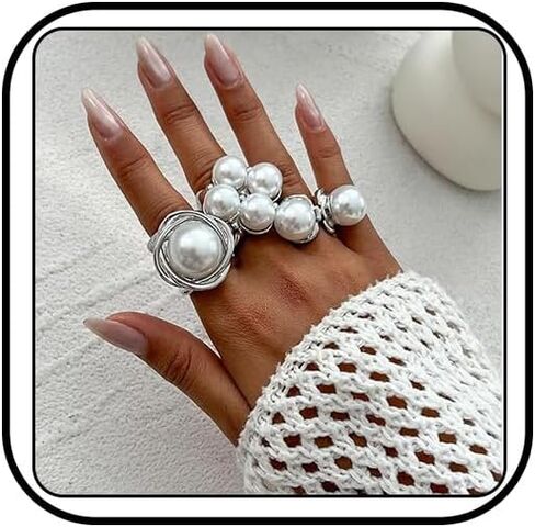 Chunky Pearl Rings for Women Gold Statement Thick Dome Ring Adjustable Unique Stackable Kunckle Ring Boho Prom Costumes Jewelry Accessories in Saudi Arabia