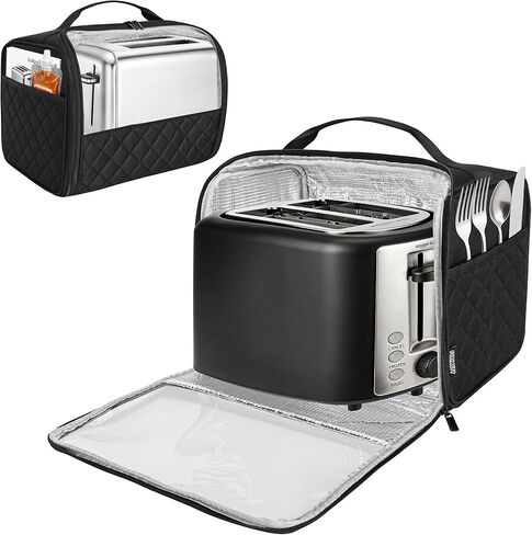 غطاء محمصة بفتحة واسعة شريحتين مع جيوب سفلية وجانبية مغلقة، حقيبة متوافقة مع Amazon Basics وHamilton Beach وCuisinart وBella وغيرها من محمصة الخبز ذات شريحتين، أسود in Kuwait