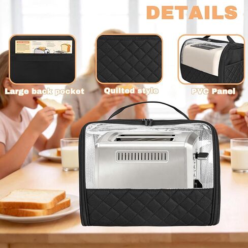 غطاء محمصة بفتحة واسعة شريحتين مع جيوب سفلية وجانبية مغلقة، حقيبة متوافقة مع Amazon Basics وHamilton Beach وCuisinart وBella وغيرها من محمصة الخبز ذات شريحتين، أسود in Kuwait