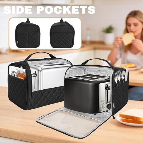 غطاء محمصة بفتحة واسعة شريحتين مع جيوب سفلية وجانبية مغلقة، حقيبة متوافقة مع Amazon Basics وHamilton Beach وCuisinart وBella وغيرها من محمصة الخبز ذات شريحتين، أسود in Kuwait