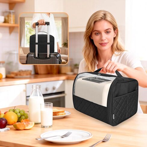 غطاء محمصة بفتحة واسعة شريحتين مع جيوب سفلية وجانبية مغلقة، حقيبة متوافقة مع Amazon Basics وHamilton Beach وCuisinart وBella وغيرها من محمصة الخبز ذات شريحتين، أسود in Kuwait