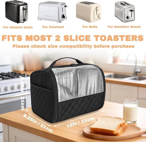 غطاء محمصة بفتحة واسعة شريحتين مع جيوب سفلية وجانبية مغلقة، حقيبة متوافقة مع Amazon Basics وHamilton Beach وCuisinart وBella وغيرها من محمصة الخبز ذات شريحتين، أسود in Kuwait