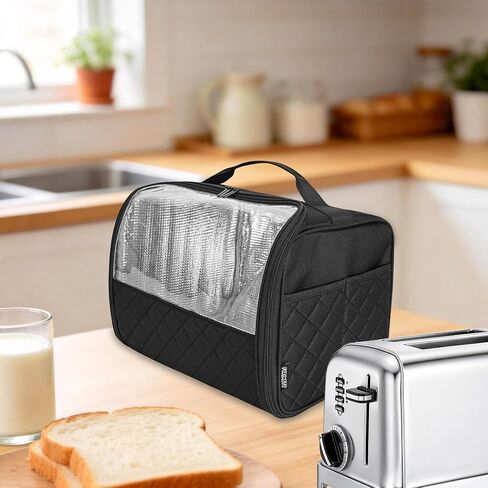 غطاء محمصة بفتحة واسعة شريحتين مع جيوب سفلية وجانبية مغلقة، حقيبة متوافقة مع Amazon Basics وHamilton Beach وCuisinart وBella وغيرها من محمصة الخبز ذات شريحتين، أسود in Kuwait