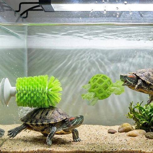 2-in-1 Turtle Tank Accessories Kit - Interactive Tortoise Feeder Ball & Turtle Brush with Suction Cup, Red Eared Slider Tank Decorations, Aquatic Turtle Toys for Tank Starter Kit in Kuwait
