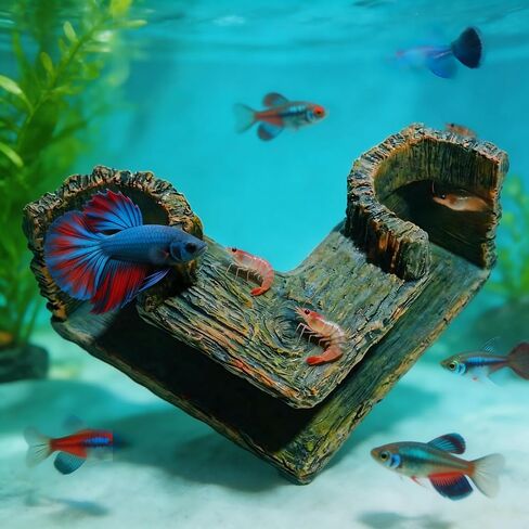 Aquarium Corner Cave Tunnel Decoration, Resin Fish Tank Hideout for Betta, Shrimp, Cichlid and Guppy, L-Shaped Underwater Hollow Log Ornament in Kuwait