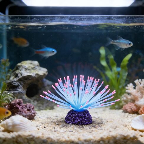 Fluorescent Rainbow Sea Urchin Aquarium Decor - Glows Under Blue Light, Weighted Silicone Ornament for Fish Tank with Swaying Spines, Saltwater & Freshwater, Vibrant Aquascape Centerpiece (Blue) in Kuwait