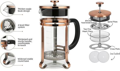34oz French Press Coffee Maker, Thickened Borosilicate Glass & 304 Stainless Steel Double Mesh Filter. Cold Brew & Tea Brewer for Travel Camping, Kitchen Decor, Bar Accessories Gift (Copper) in Saudi Arabia