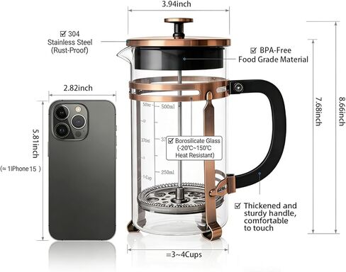 34oz French Press Coffee Maker, Thickened Borosilicate Glass & 304 Stainless Steel Double Mesh Filter. Cold Brew & Tea Brewer for Travel Camping, Kitchen Decor, Bar Accessories Gift (Copper) in Saudi Arabia