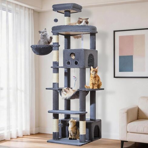 Taoqimiao 79 Inches XXL Cat Tree for Large Cats, for Oversized Cats, Multi-Level Cat Tower, 2 Spacious Cat Condo with 6 Scratching Posts, Hammcock & Cozy Basket, Cat Toys, Light Gray, S10W in Kuwait