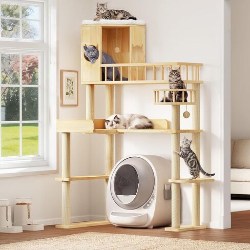 Corner Cat Tree for Automatic Litter Box, 61'' Tall Wood Cat Tower for Self Cleaning Litter Box, Cats Tree for Indoor Cats Large Adult, 6-Level Solid Wood Cat Furnitue w/12Pcs Scratching Post in Kuwait