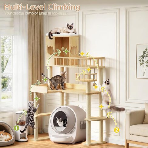 Corner Cat Tree for Automatic Litter Box, 61'' Tall Wood Cat Tower for Self Cleaning Litter Box, Cats Tree for Indoor Cats Large Adult, 6-Level Solid Wood Cat Furnitue w/12Pcs Scratching Post in Kuwait
