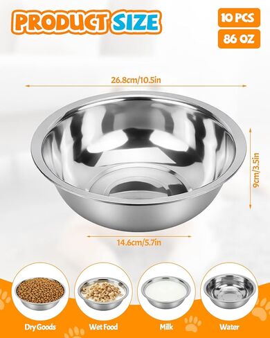 10 PCS Stainless Steel Dog Bowls - 86 Oz/10.75 Cup Large Dog Bowl Set, Metal Bowls for Food and Water, Large Pet Water Bowl or Food Bowl for Indoors or Outdoors, Dishwasher Safe in Kuwait