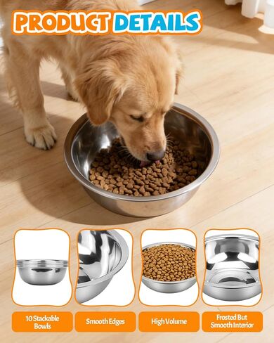 10 PCS Stainless Steel Dog Bowls - 86 Oz/10.75 Cup Large Dog Bowl Set, Metal Bowls for Food and Water, Large Pet Water Bowl or Food Bowl for Indoors or Outdoors, Dishwasher Safe in Kuwait