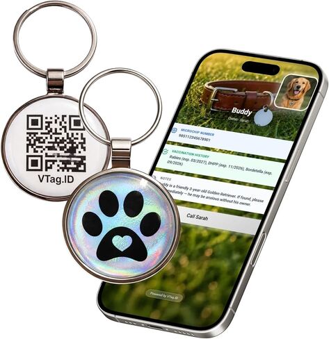 NFC Pet ID Tag – VTAG.ID Smart QR Code Dog & Cat Tag with Holographic Chameleon Finish | Tap or Scan to View Pet Profile, Owner Contact & Medical Info | Free Profile, No App, No Subscription in Kuwait
