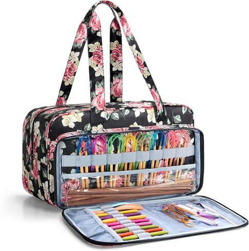 CURMIO Yarn Storage Bag, Knitting Tote Bag for Crochet Hooks, Knitting Project and Accessories, Ideal for Crochet Beginners and Knitting Lovers, Bag Only, Blue Flower in Saudi Arabia