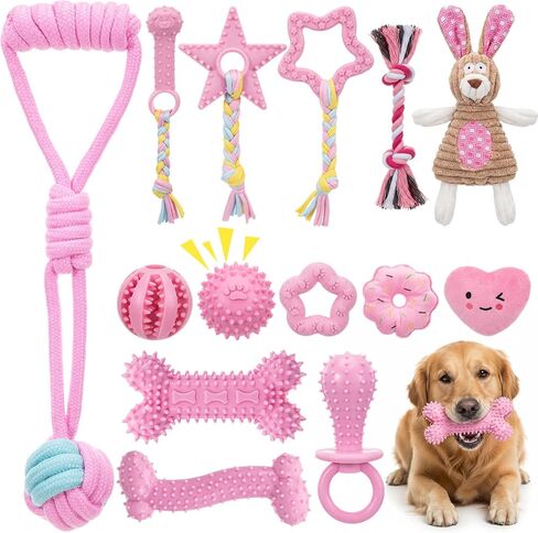 Leitee 14 Pcs Puppy Toys for Teething Dog Chew Toys for Small Dogs Soft Interactive Squeaky Plush Balls Doggy Teeth Tug of War and Rope for Small Dogs Puppy (Classic,Pink) in Kuwait