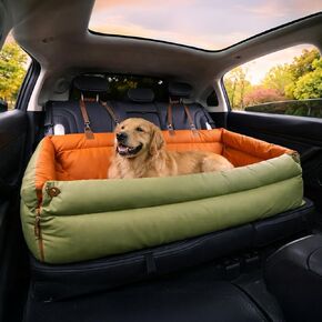 FUNNYFUZZY Leather Dog Car Seat for Medium/Large Dogs, Soft Pet Booster Seat Travel Home Bed, Fully Detachable Waterproof Thick Cushion with Safety Clip-On Leash, Washable Cat Booster Carseats(Khaki) in Kuwait