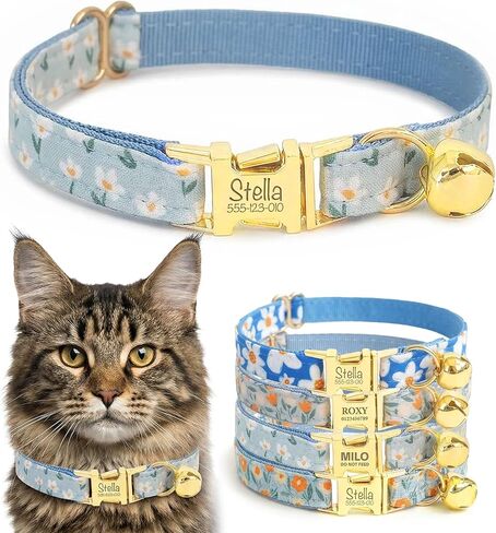 Personalized Teal Blue Floral Cat Collar with Engraved Nameplate - Detachable Bowtie & Bell, Secure Polyester Patterned Collar 【Non-Breakaway】 - Spring Bloom in Kuwait