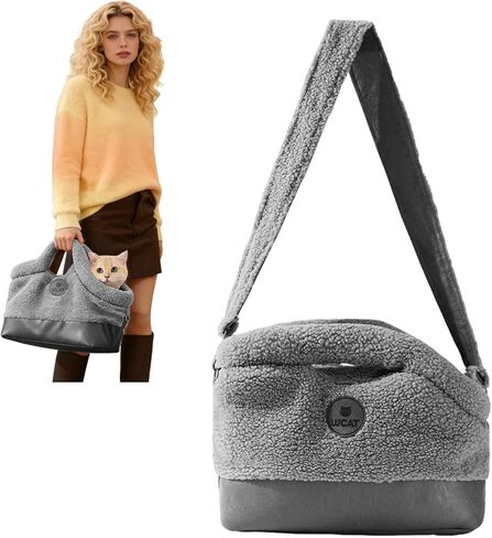 PETCUTE Dog Carrier Purse,Winter Fleece Warm Dog Tote Bag with Secure Harness Clip for Puppy Kitten, Portable Pet Travel Handbag with Removable Pad for Shopping,Hiking and Walking,Gray,S in Kuwait