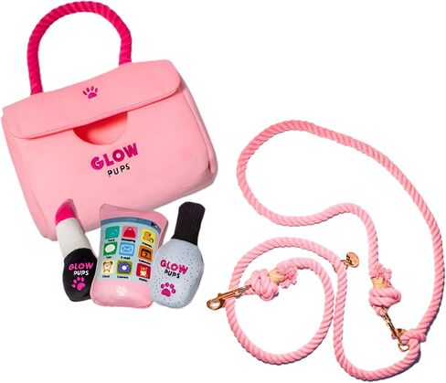 مجموعة Glow Pups "Fashion Forward Walking Bundle: مجموعة لعبة محفظة قطيفة للكلاب على طراز مصمم وردي (تتضمن هاتف مخالب وأحمر شفاه وطلاء أظافر) + مقود كلب من الحبال باللون الوردي الفاتح المتطابق بدون استخدام اليدين (مجموعة مكونة من 5 قطع) in Kuwait