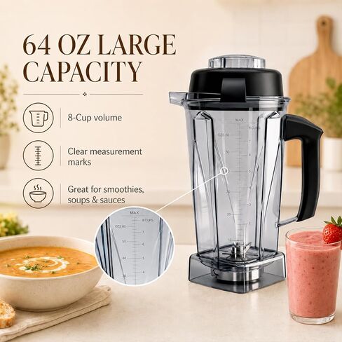 حاوية بديلة لإبريق الخلاط سعة 64 أونصة متوافقة مع سلسلة Vitamix 5200، 5300، 6300، 7500، E310، E320، VM0101، VM0103 Classic & Explorian، وعاء خالٍ من مادة BPA مع غطاء in Kuwait
