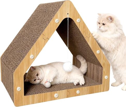 Cat Scratcher House with Hanging Ball - Cozy Corrugated Cardboard Cat Scratching Pad for Indoor Cats/Kittens, Stable Structure & Eco-Friendly in Kuwait