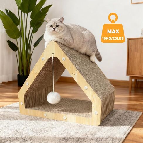Cat Scratcher House with Hanging Ball - Cozy Corrugated Cardboard Cat Scratching Pad for Indoor Cats/Kittens, Stable Structure & Eco-Friendly in Kuwait