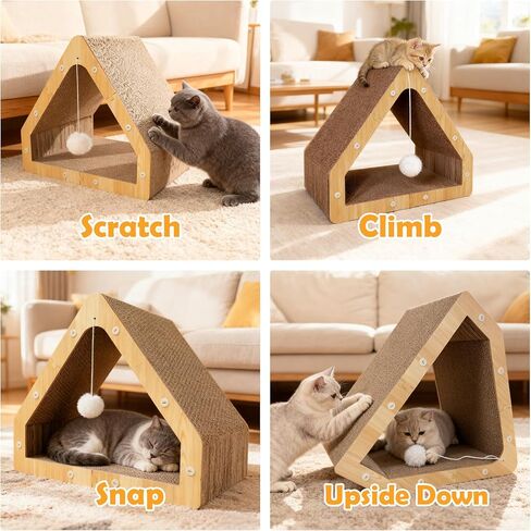 Cat Scratcher House with Hanging Ball - Cozy Corrugated Cardboard Cat Scratching Pad for Indoor Cats/Kittens, Stable Structure & Eco-Friendly in Kuwait